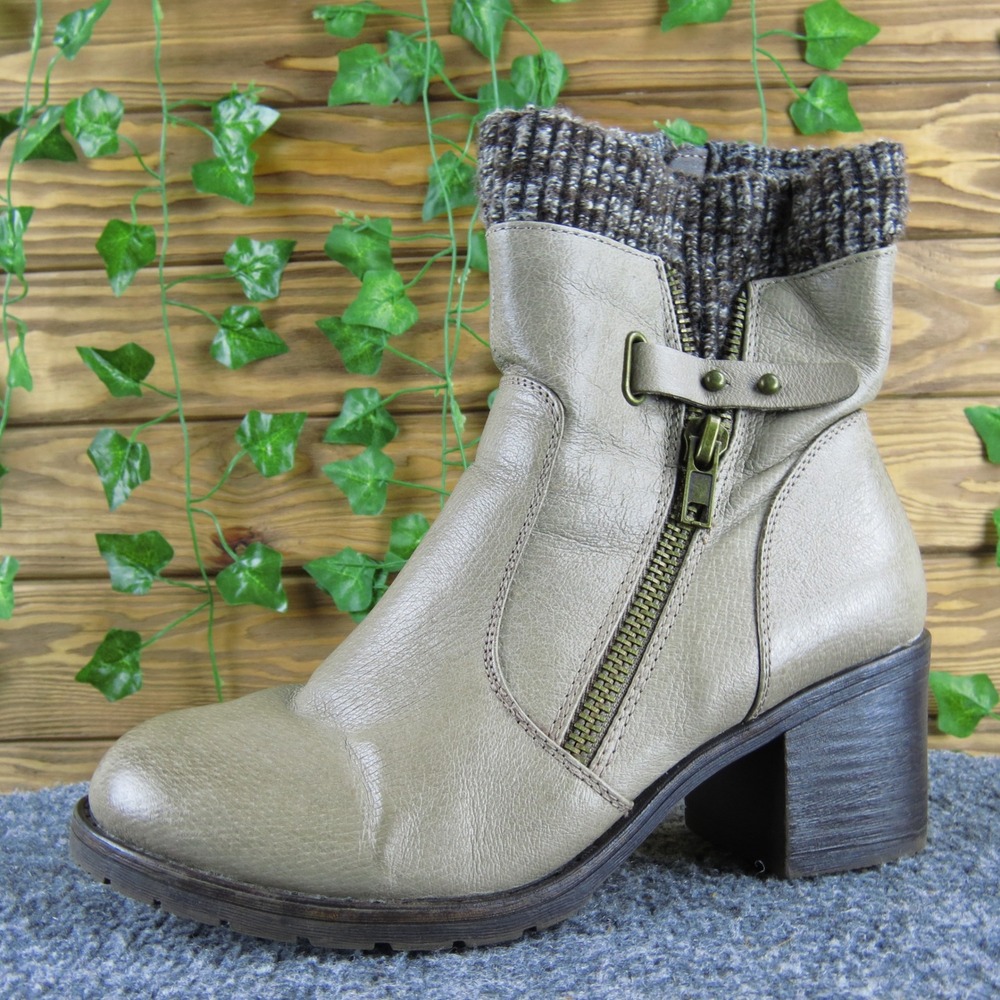 Bare Traps Danette Women 6 Tan Leather Ankle Boots Knit Cuff Zip Casual Comfort